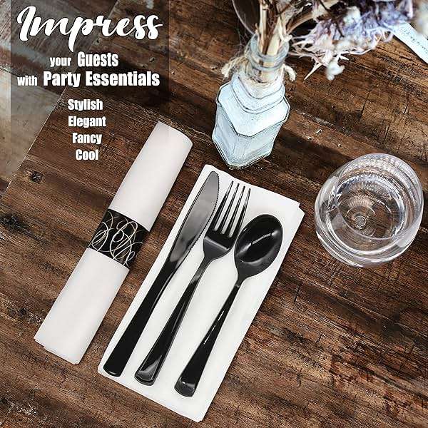 Party Essentials Party Supplies Wrapped Silverware Set Disposable, Pre Rolled Napkin and Cutlery, Spoons/Forks/Knives Black, 50 Units - Image 5