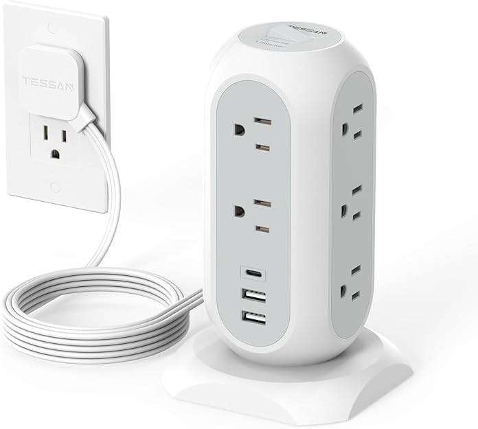 Tower Power Strip Flat Plug with 11 Outlets 3 USB (1 USB C), TESSAN Surge Protector Tower 1625W/13A,1050J Protection, 6 Feet Extension Cord with Multiple Outlets, Office Desk Supplies, Dorm Essentials - Image 1