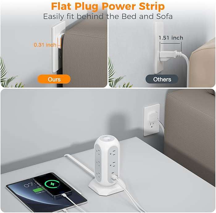 Tower Power Strip Flat Plug with 11 Outlets 3 USB (1 USB C), TESSAN Surge Protector Tower 1625W/13A,1050J Protection, 6 Feet Extension Cord with Multiple Outlets, Office Desk Supplies, Dorm Essentials - Image 2