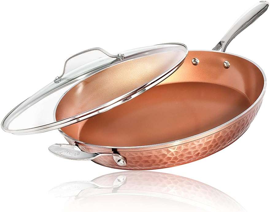 Gotham Steel Hammered Copper 14 Inch Non Stick Frying Pan with Lid, Nonstick Frying Pan with Ceramic Coating and Induction Plate for Even Heating, Oven / Dishwasher Safe, 100% Healthy & Non Toxic - Image 1