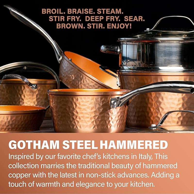 Gotham Steel Hammered Copper 14 Inch Non Stick Frying Pan with Lid, Nonstick Frying Pan with Ceramic Coating and Induction Plate for Even Heating, Oven / Dishwasher Safe, 100% Healthy & Non Toxic - Image 2