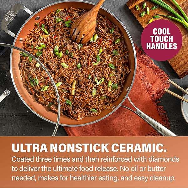 Gotham Steel Hammered Copper 14 Inch Non Stick Frying Pan with Lid, Nonstick Frying Pan with Ceramic Coating and Induction Plate for Even Heating, Oven / Dishwasher Safe, 100% Healthy & Non Toxic - Image 3