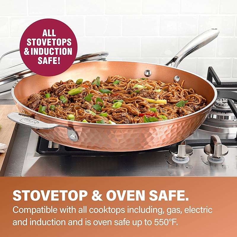 Gotham Steel Hammered Copper 14 Inch Non Stick Frying Pan with Lid, Nonstick Frying Pan with Ceramic Coating and Induction Plate for Even Heating, Oven / Dishwasher Safe, 100% Healthy & Non Toxic - Image 4