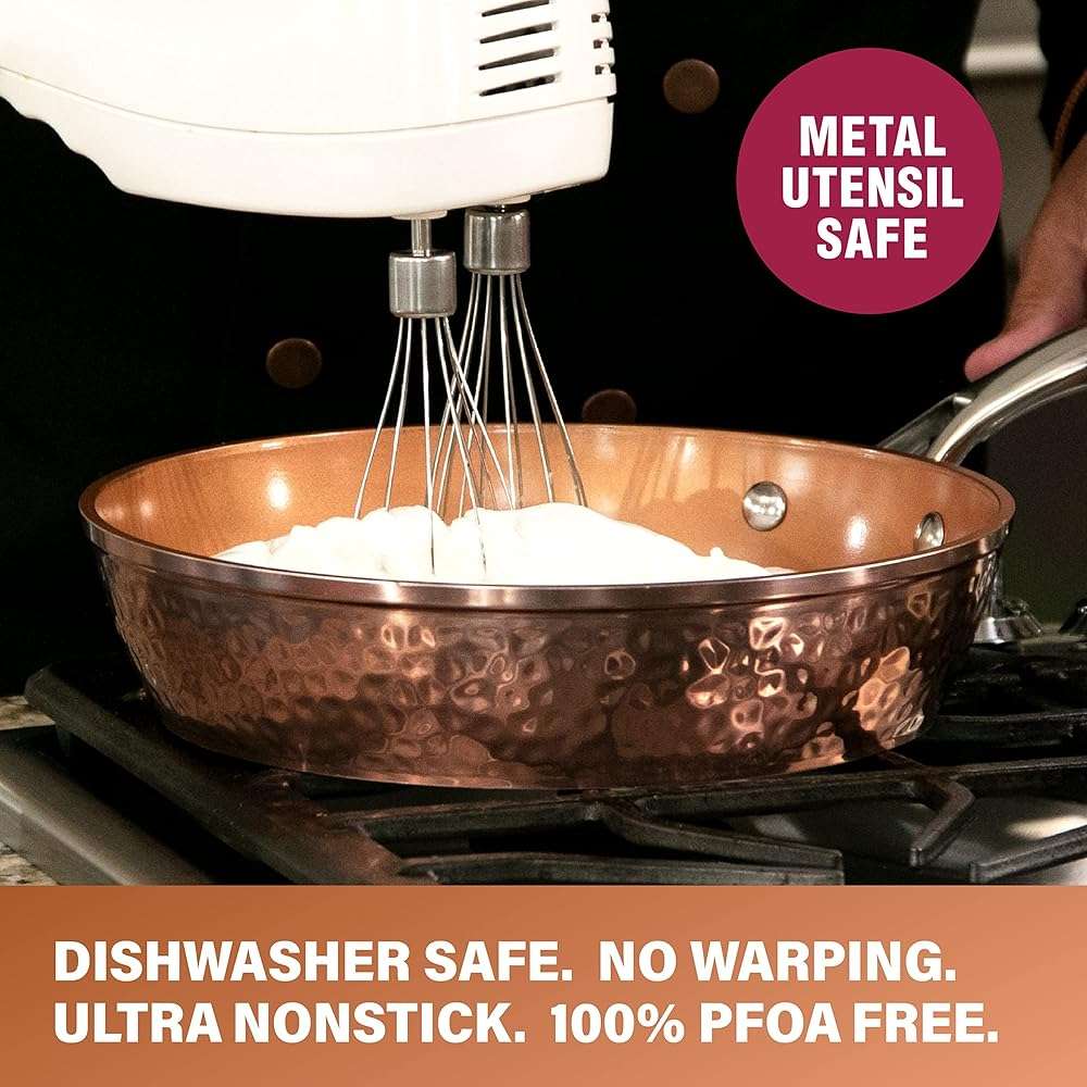 Gotham Steel Hammered Copper 14 Inch Non Stick Frying Pan with Lid, Nonstick Frying Pan with Ceramic Coating and Induction Plate for Even Heating, Oven / Dishwasher Safe, 100% Healthy & Non Toxic - Image 5