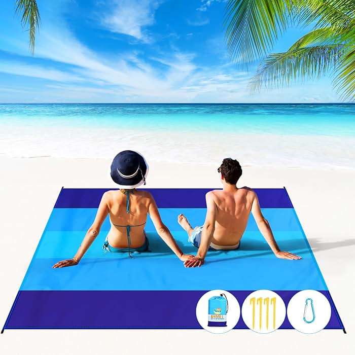 BYDOLL Beach Blanket Waterproof Sandproof Large Sand Free,78''X81''/10'X9' Oversized Sandless Lightweight Blanket Picnic Mat for Beach Travel Camping Hiking with Stakes - Image 1