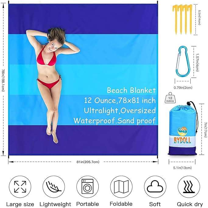 BYDOLL Beach Blanket Waterproof Sandproof Large Sand Free,78''X81''/10'X9' Oversized Sandless Lightweight Blanket Picnic Mat for Beach Travel Camping Hiking with Stakes - Image 2