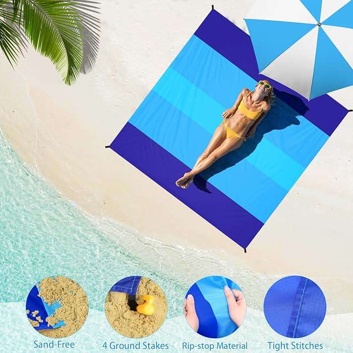 BYDOLL Beach Blanket Waterproof Sandproof Large Sand Free,78''X81''/10'X9' Oversized Sandless Lightweight Blanket Picnic Mat for Beach Travel Camping Hiking with Stakes - Image 4