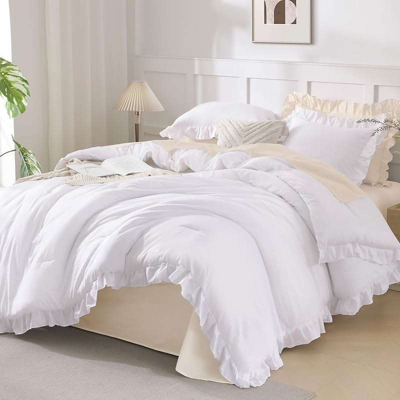 Andency White Comforter Queen Size, 3 Pieces Ruffle Shabby Chic Farmhouse Queen Comforter Sets, All Season Lightweight Fluffy Room Decor Bed Set for Girls Women Teens Gift Choice - Image 1