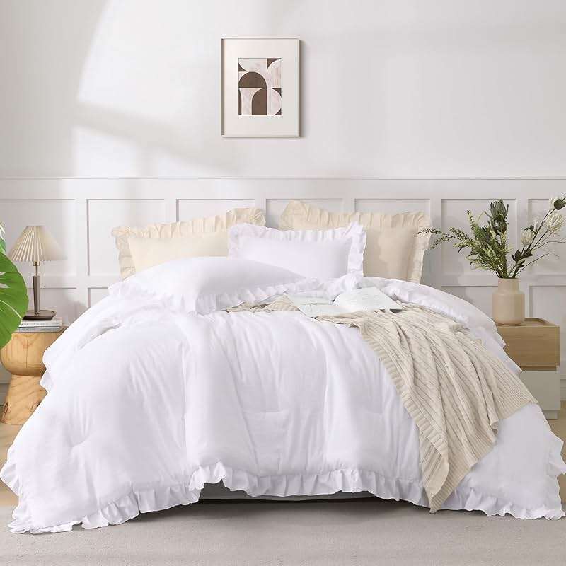 Andency White Comforter Queen Size, 3 Pieces Ruffle Shabby Chic Farmhouse Queen Comforter Sets, All Season Lightweight Fluffy Room Decor Bed Set for Girls Women Teens Gift Choice - Image 2