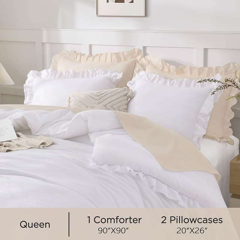Andency White Comforter Queen Size, 3 Pieces Ruffle Shabby Chic Farmhouse Queen Comforter Sets, All Season Lightweight Fluffy Room Decor Bed Set for Girls Women Teens Gift Choice - Image 5