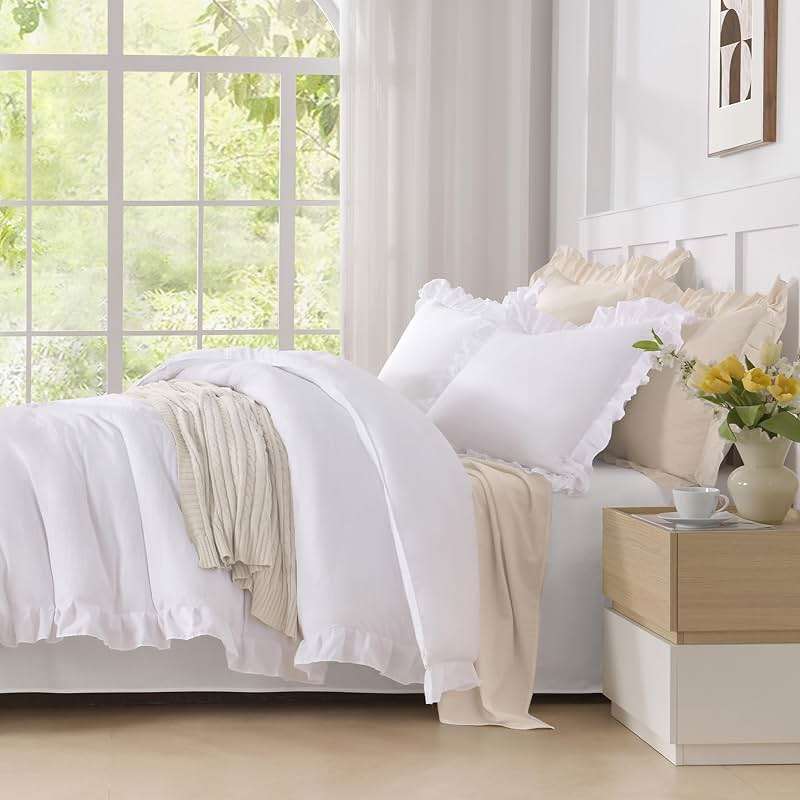 Andency White Comforter Queen Size, 3 Pieces Ruffle Shabby Chic Farmhouse Queen Comforter Sets, All Season Lightweight Fluffy Room Decor Bed Set for Girls Women Teens Gift Choice - Image 6