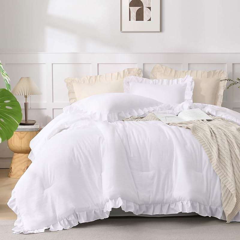 Andency White Comforter Queen Size, 3 Pieces Ruffle Shabby Chic Farmhouse Queen Comforter Sets, All Season Lightweight Fluffy Room Decor Bed Set for Girls Women Teens Gift Choice - Image 7