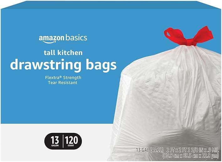 Amazon Basics Flextra Tall Kitchen Drawstring Trash Bags, 13 Gallon, 120 Count - Image 1