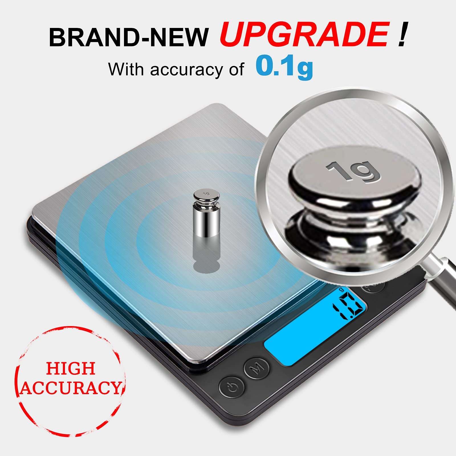 Digital Food Kitchen Scale Upgraded, YONCON 3000g/0.1g High Accuracy Mini Pocket Scale Measures in Grams and oz for Cooking, Baking, Jewelry, Tare Function,2 Trays, LCD Display (Batteries Included) - Image 4