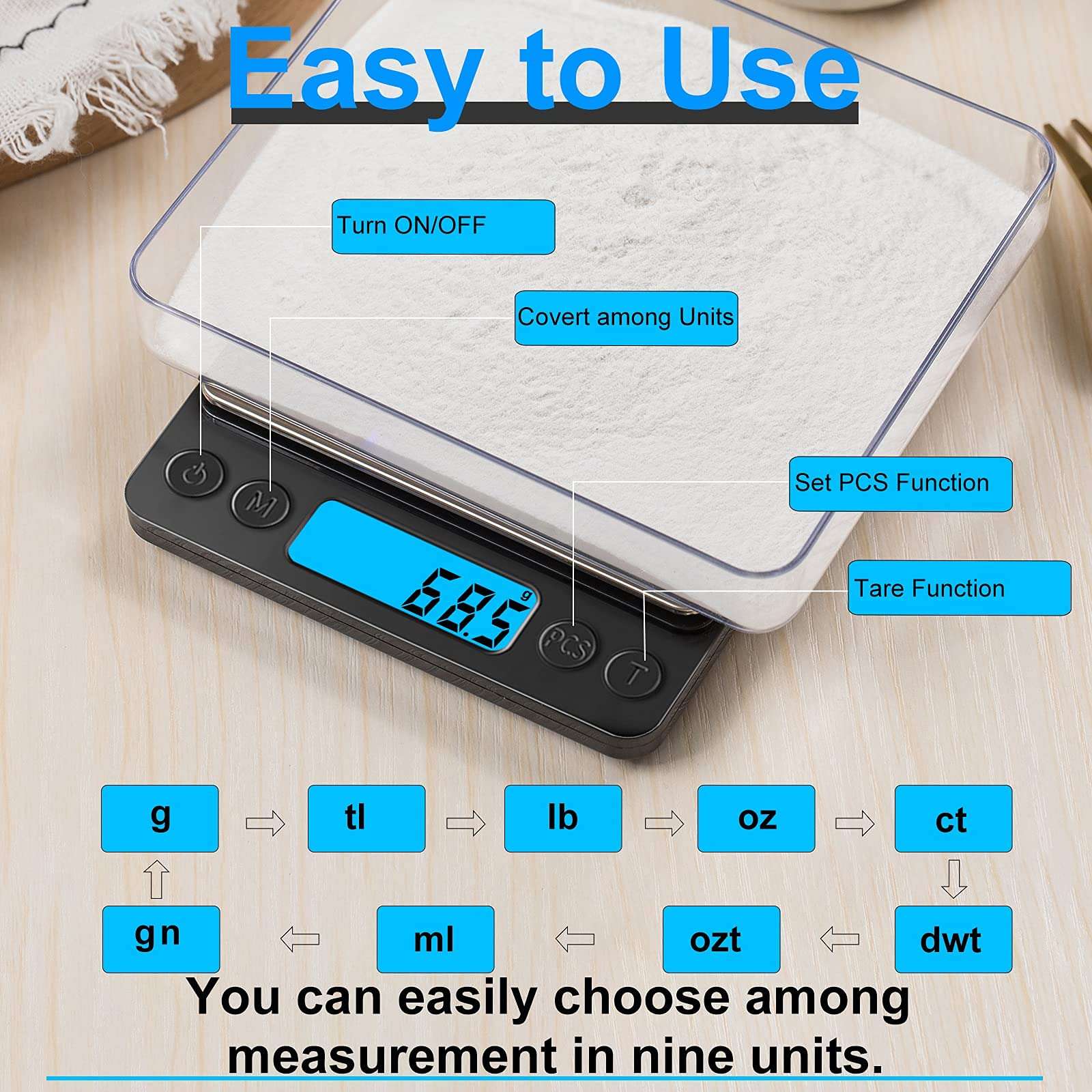 Digital Food Kitchen Scale Upgraded, YONCON 3000g/0.1g High Accuracy Mini Pocket Scale Measures in Grams and oz for Cooking, Baking, Jewelry, Tare Function,2 Trays, LCD Display (Batteries Included) - Image 7