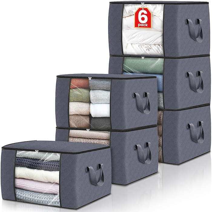 Fab totes 6 Pack Storage Bags for Clothes and Blanket, Foldable Closet Organizers and Storage with Zippers, Clear Window and Handles, Fabric Storage Bins for Sweater, Comforter, Bedding,Linen Sheets - Image 1