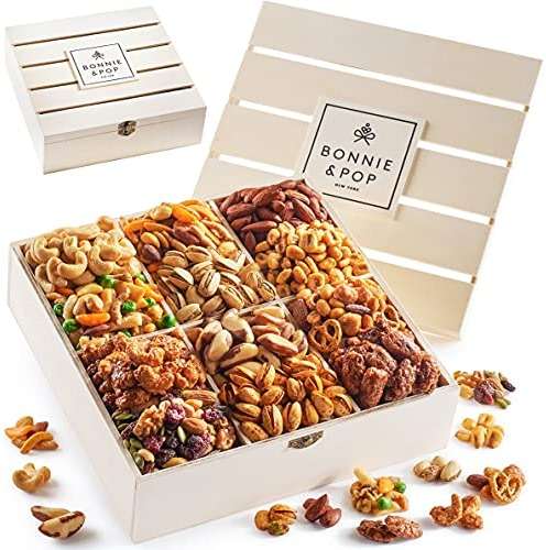 Nut Gift Basket | Healthy Gift of Assorted Nuts in Reusable Wood Crate | Large Variety Tray with Unique Flavors |Fathers Day, Parties, Holidays, Birthday, Sympathy, Office, Thank You, Him, Her | Bonnie & Pop - Image 1