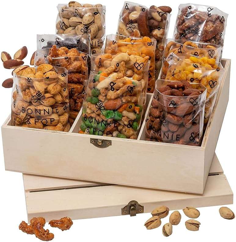 Nut Gift Basket | Healthy Gift of Assorted Nuts in Reusable Wood Crate | Large Variety Tray with Unique Flavors |Fathers Day, Parties, Holidays, Birthday, Sympathy, Office, Thank You, Him, Her | Bonnie & Pop - Image 5