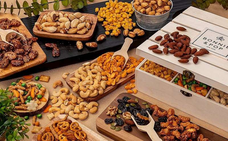 Nut Gift Basket | Healthy Gift of Assorted Nuts in Reusable Wood Crate | Large Variety Tray with Unique Flavors |Fathers Day, Parties, Holidays, Birthday, Sympathy, Office, Thank You, Him, Her | Bonnie & Pop - Image 6