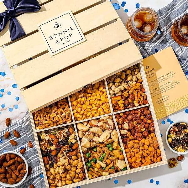 Nut Gift Basket | Healthy Gift of Assorted Nuts in Reusable Wood Crate | Large Variety Tray with Unique Flavors |Fathers Day, Parties, Holidays, Birthday, Sympathy, Office, Thank You, Him, Her | Bonnie & Pop - Image 8