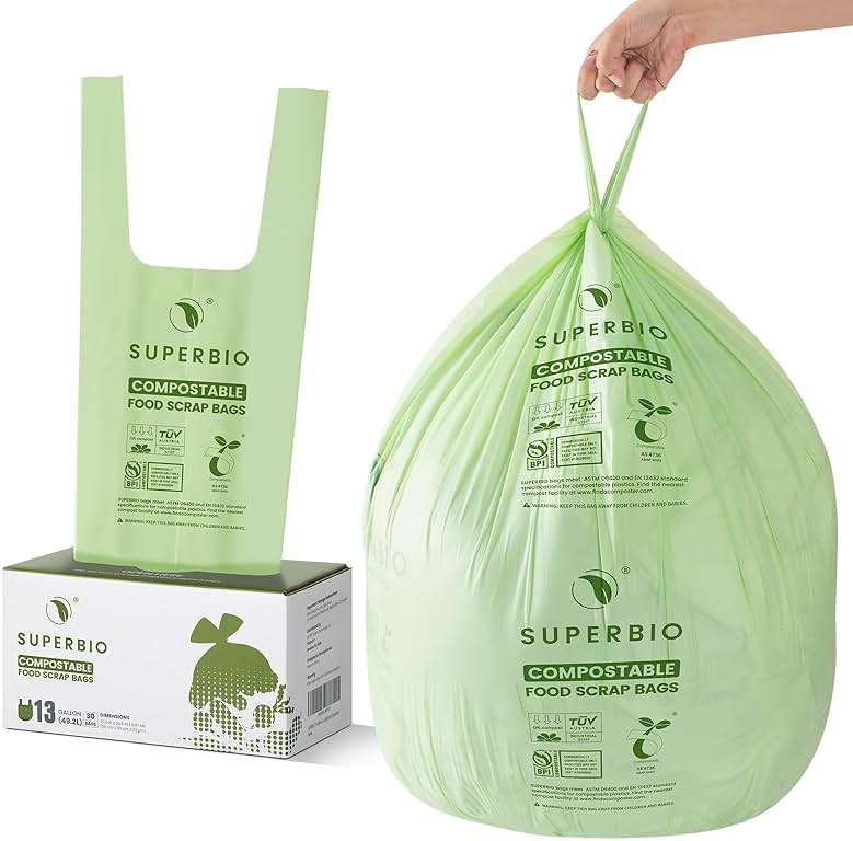 SUPERBIO 13 Gallon Compostable Kitchen Waste Bags with Handles, Food Scrap Bags Certified by BPI, OK compost INDUSTRIAL, 30 Count, 49.2L - Image 1