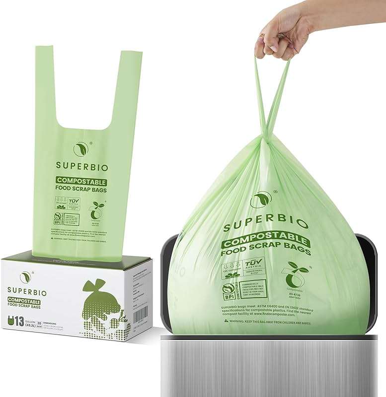 SUPERBIO 13 Gallon Compostable Kitchen Waste Bags with Handles, Food Scrap Bags Certified by BPI, OK compost INDUSTRIAL, 30 Count, 49.2L - Image 4