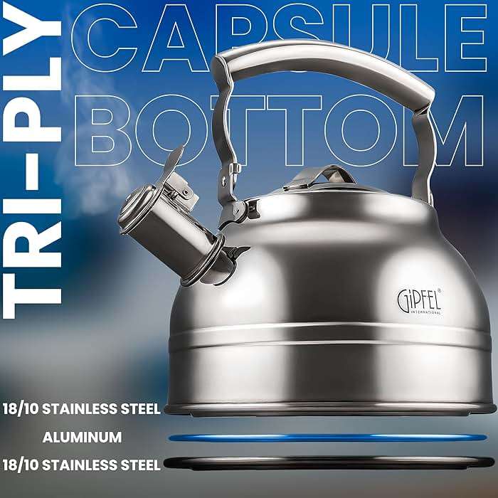 GIPFEL INTERNATIONAL Whistling Tea Kettle Stovetop - Food Grade Stainless Steel Teapot for Stove Top with Ergonomic Handle for Gas, Induction, Electric Stovetops 2.3 Quart - Image 4