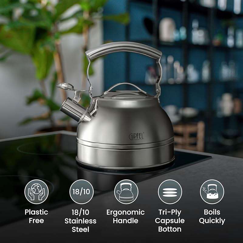 GIPFEL INTERNATIONAL Whistling Tea Kettle Stovetop - Food Grade Stainless Steel Teapot for Stove Top with Ergonomic Handle for Gas, Induction, Electric Stovetops 2.3 Quart - Image 5