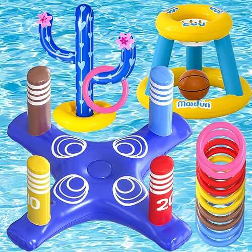 Max Fun Pool Toys Games Set, Inflatable Cross Ring Toss Games, Floating Pool Basketball Hoop, Inflatable Cactus Pool Floats for Kids Teens Adults Swimming Water Toys (3-Piece Set) - Image 1