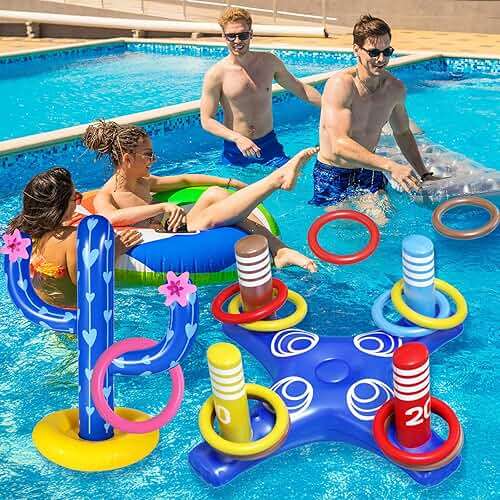 Max Fun Pool Toys Games Set, Inflatable Cross Ring Toss Games, Floating Pool Basketball Hoop, Inflatable Cactus Pool Floats for Kids Teens Adults Swimming Water Toys (3-Piece Set) - Image 4