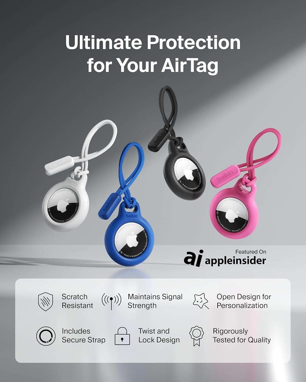 Belkin Apple Airtag Secure Holder With Strap - Apple Air Tag Keychain - Airtag Holder With Strap For Key Ring - Airtag Keychain Accessories - Scratch Resistant Airtag Case With Raised Edges - Black - Image 2