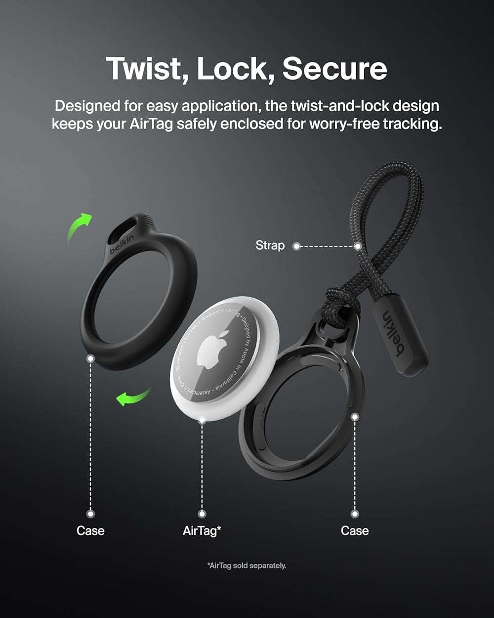 Belkin Apple Airtag Secure Holder With Strap - Apple Air Tag Keychain - Airtag Holder With Strap For Key Ring - Airtag Keychain Accessories - Scratch Resistant Airtag Case With Raised Edges - Black - Image 4