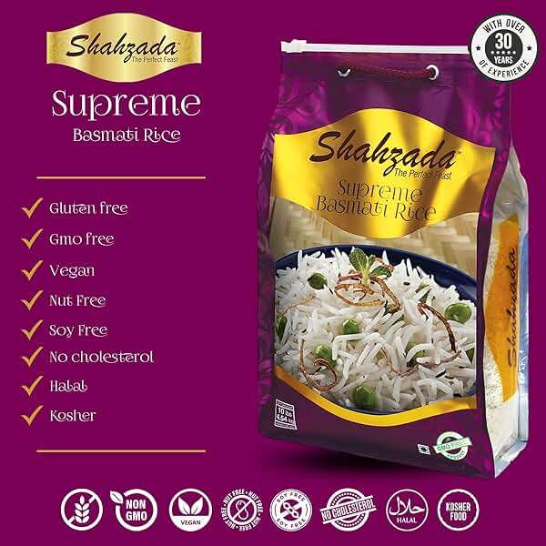 Shahzada Supreme Basmati Rice 10 Lbs – Extra Long Grain, Non-Sticky, Non GMO, Vegan, Gluten Free, No Cholesterol, Low Sodium, Zip-Lock Bag, Parboiled - Image 4