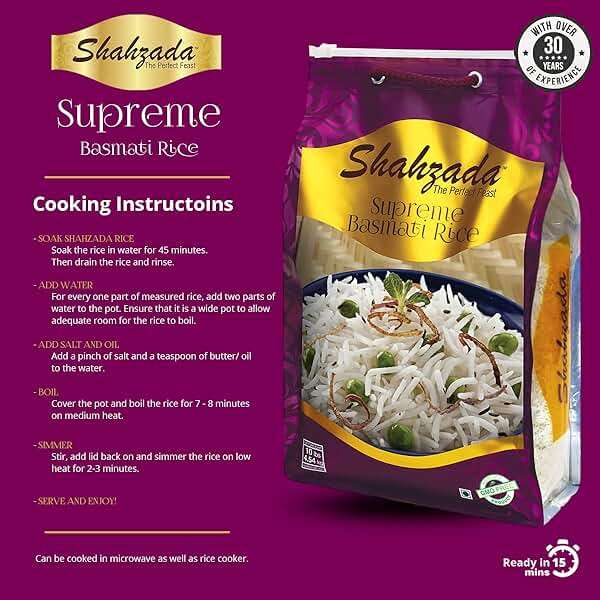 Shahzada Supreme Basmati Rice 10 Lbs – Extra Long Grain, Non-Sticky, Non GMO, Vegan, Gluten Free, No Cholesterol, Low Sodium, Zip-Lock Bag, Parboiled - Image 7