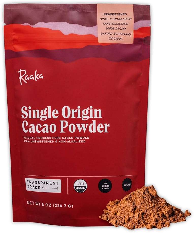 Raaka Chocolate Organic Cacao Powder - Unsweetened, Non-Alkalized, Perfect for Baking, Substitute for Cocoa Powder - Gluten-Free, Soy-Free, Sugar-Free, Allergen-Friendly - 8oz Resealable Bag - Image 1