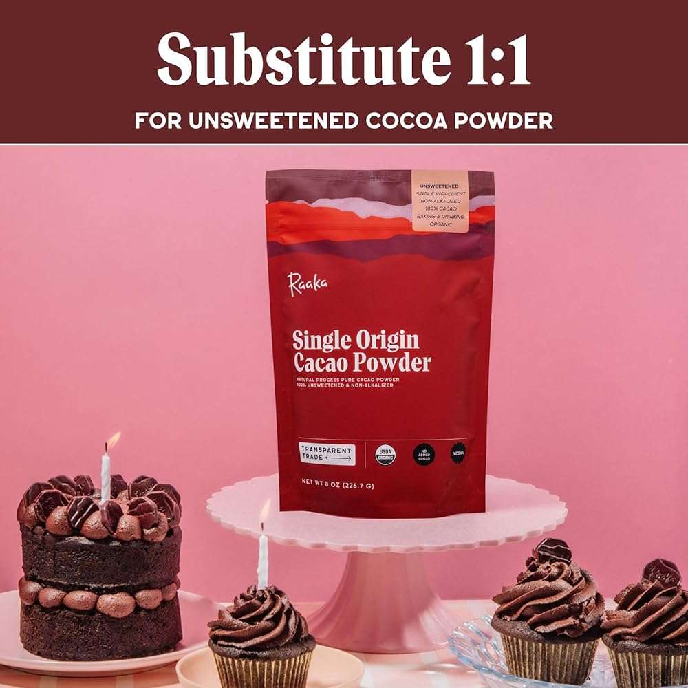 Raaka Chocolate Organic Cacao Powder - Unsweetened, Non-Alkalized, Perfect for Baking, Substitute for Cocoa Powder - Gluten-Free, Soy-Free, Sugar-Free, Allergen-Friendly - 8oz Resealable Bag - Image 3
