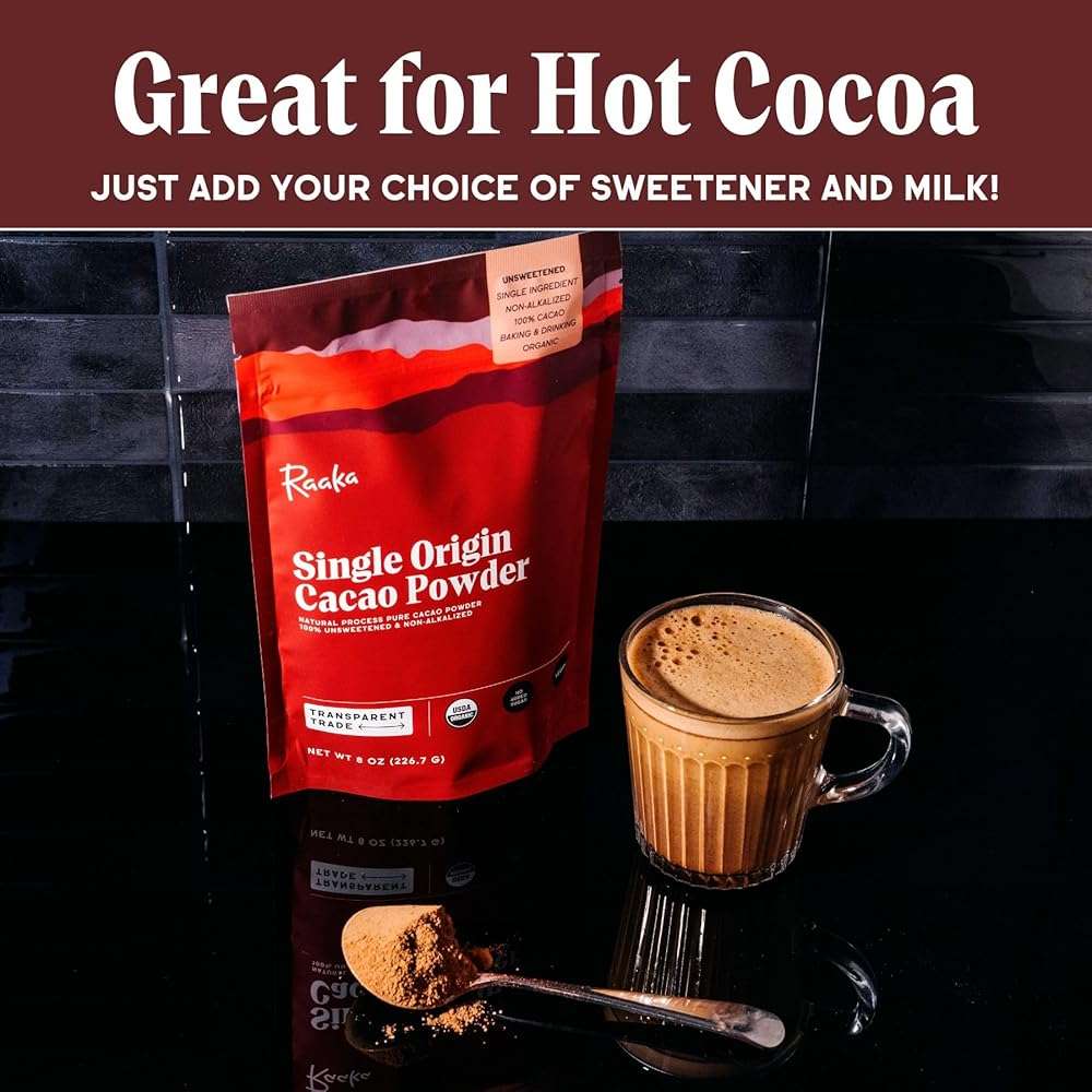 Raaka Chocolate Organic Cacao Powder - Unsweetened, Non-Alkalized, Perfect for Baking, Substitute for Cocoa Powder - Gluten-Free, Soy-Free, Sugar-Free, Allergen-Friendly - 8oz Resealable Bag - Image 5