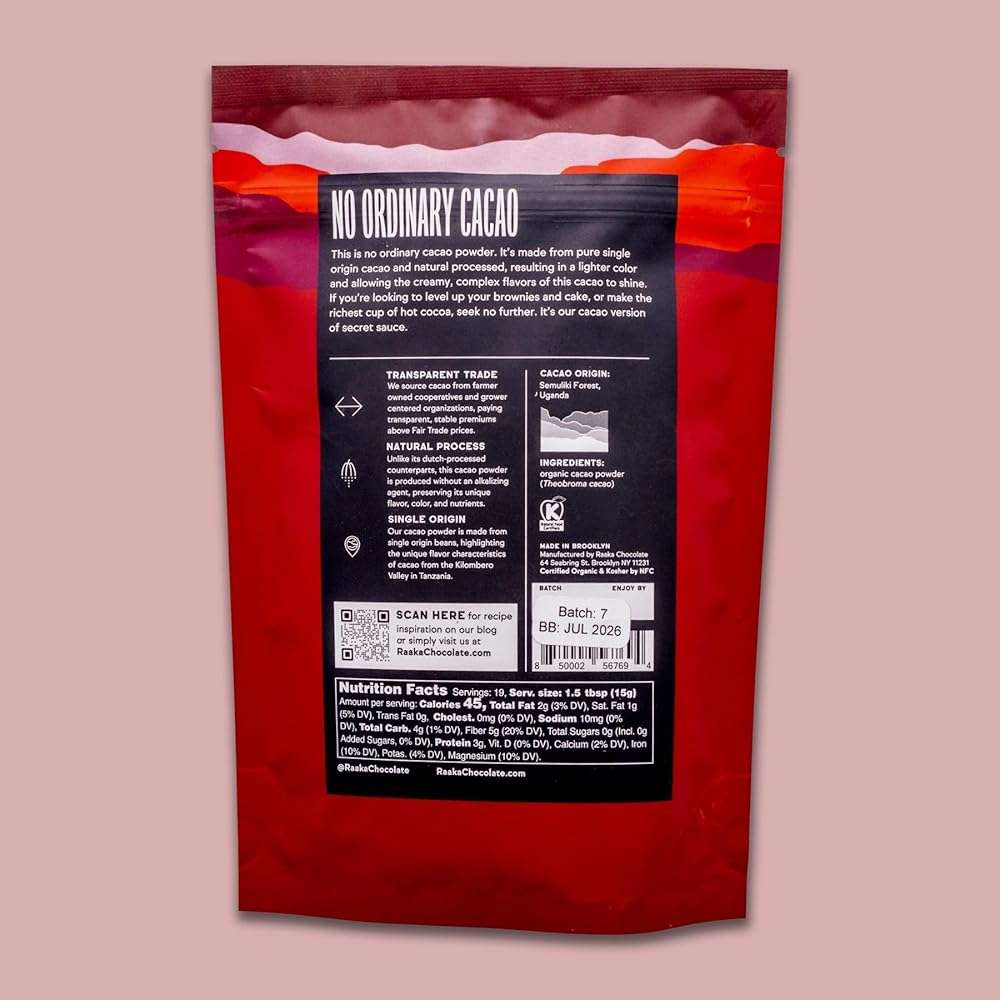 Raaka Chocolate Organic Cacao Powder - Unsweetened, Non-Alkalized, Perfect for Baking, Substitute for Cocoa Powder - Gluten-Free, Soy-Free, Sugar-Free, Allergen-Friendly - 8oz Resealable Bag - Image 6
