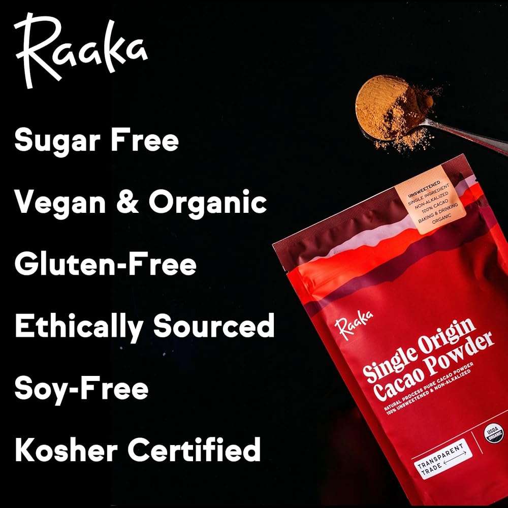 Raaka Chocolate Organic Cacao Powder - Unsweetened, Non-Alkalized, Perfect for Baking, Substitute for Cocoa Powder - Gluten-Free, Soy-Free, Sugar-Free, Allergen-Friendly - 8oz Resealable Bag - Image 7