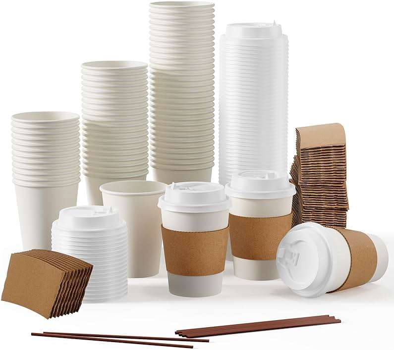 [100 Pack] 12 oz Paper Coffee Cups, Disposable Paper Coffee Cup with Lids, Sleeves, and Stirrers, Hot/Cold Beverage Drinking Cup for Water, Juice or Tea, Suitable for Home, Shops and Cafes - Image 1