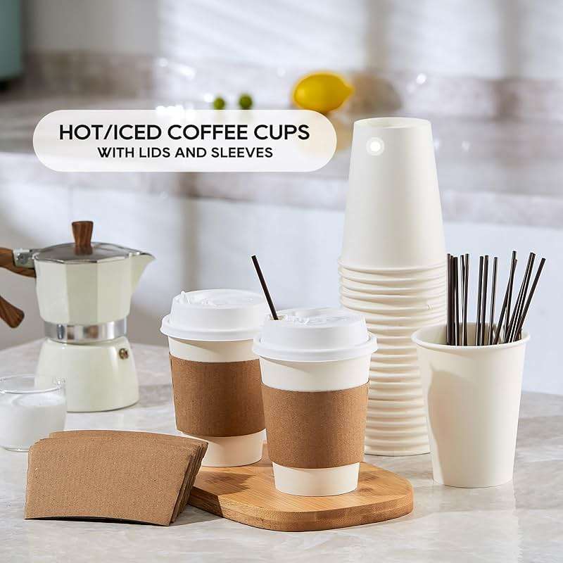 [100 Pack] 12 oz Paper Coffee Cups, Disposable Paper Coffee Cup with Lids, Sleeves, and Stirrers, Hot/Cold Beverage Drinking Cup for Water, Juice or Tea, Suitable for Home, Shops and Cafes - Image 2