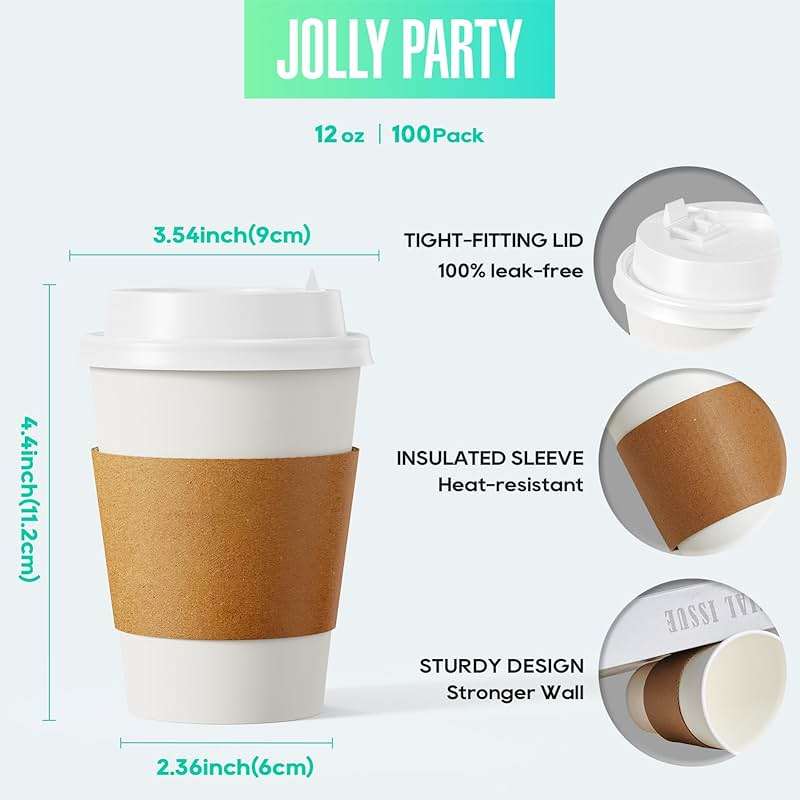 [100 Pack] 12 oz Paper Coffee Cups, Disposable Paper Coffee Cup with Lids, Sleeves, and Stirrers, Hot/Cold Beverage Drinking Cup for Water, Juice or Tea, Suitable for Home, Shops and Cafes - Image 3