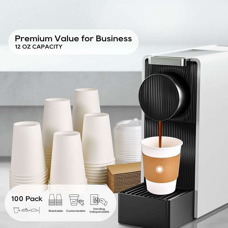 [100 Pack] 12 oz Paper Coffee Cups, Disposable Paper Coffee Cup with Lids, Sleeves, and Stirrers, Hot/Cold Beverage Drinking Cup for Water, Juice or Tea, Suitable for Home, Shops and Cafes - Image 5