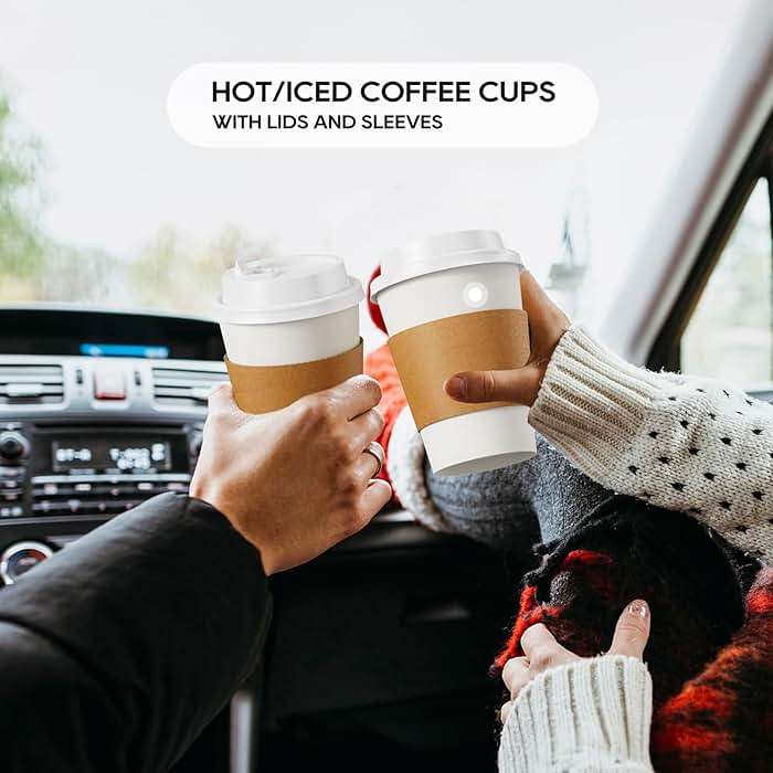 [100 Pack] 12 oz Paper Coffee Cups, Disposable Paper Coffee Cup with Lids, Sleeves, and Stirrers, Hot/Cold Beverage Drinking Cup for Water, Juice or Tea, Suitable for Home, Shops and Cafes - Image 6
