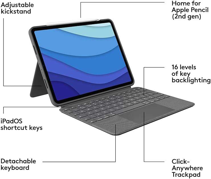 Logitech Combo Touch iPad Pro 11-inch (1st, 2nd, 3rd, 4th gen - 2018, 2020, 2021, 2022) Keyboard Case - Detachable Backlit Keyboard, Click-Anywhere Trackpad - Oxford Gray; USA Layout - Image 7