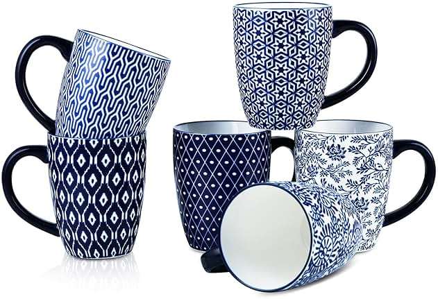 Selamica 16 oz Ceramic Coffee Mugs Set of 6, Ceramic Tea Cup with Handle, Dishwasher oven microwave safe, Vintage Blue - Image 1