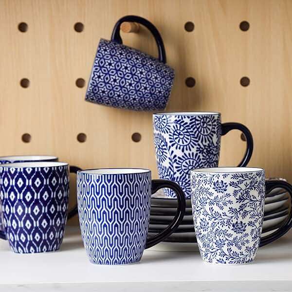 Selamica 16 oz Ceramic Coffee Mugs Set of 6, Ceramic Tea Cup with Handle, Dishwasher oven microwave safe, Vintage Blue - Image 2