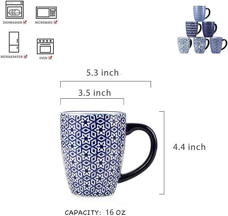 Selamica 16 oz Ceramic Coffee Mugs Set of 6, Ceramic Tea Cup with Handle, Dishwasher oven microwave safe, Vintage Blue - Image 3