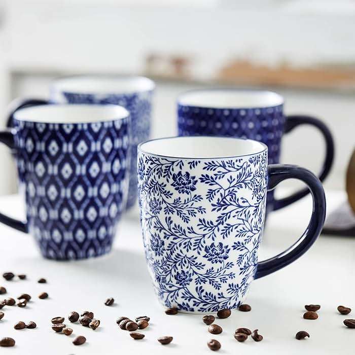 Selamica 16 oz Ceramic Coffee Mugs Set of 6, Ceramic Tea Cup with Handle, Dishwasher oven microwave safe, Vintage Blue - Image 4