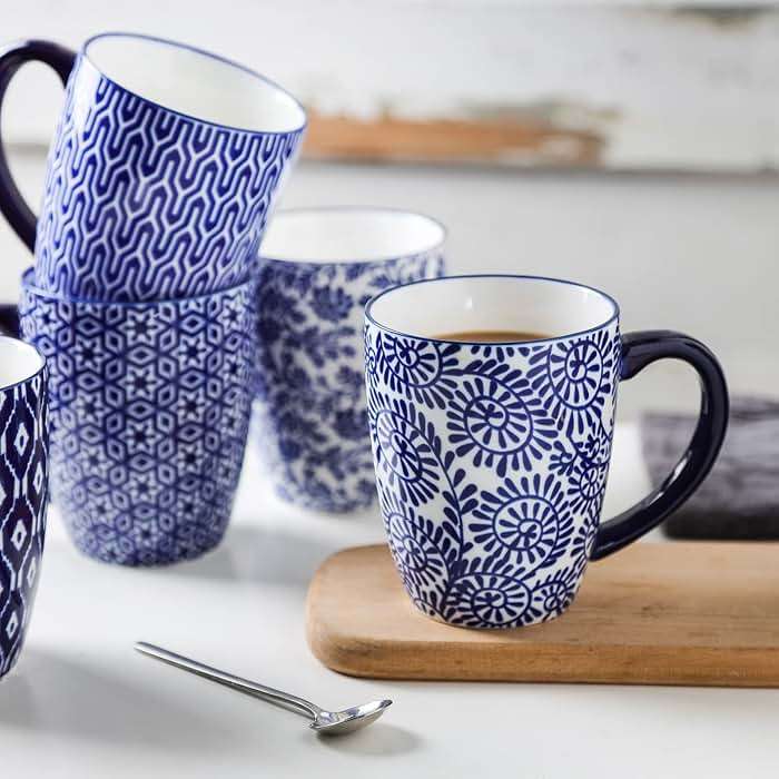 Selamica 16 oz Ceramic Coffee Mugs Set of 6, Ceramic Tea Cup with Handle, Dishwasher oven microwave safe, Vintage Blue - Image 5